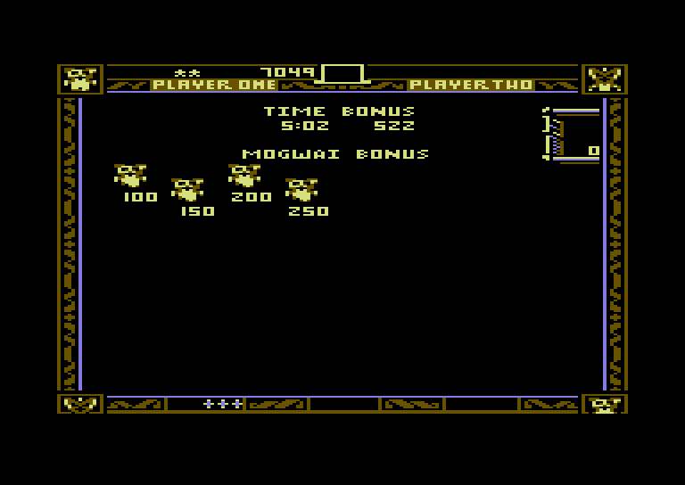 Gremlins Commodore 64 Screenshot: Earn bonus points at the end of each level for mogwai captured...