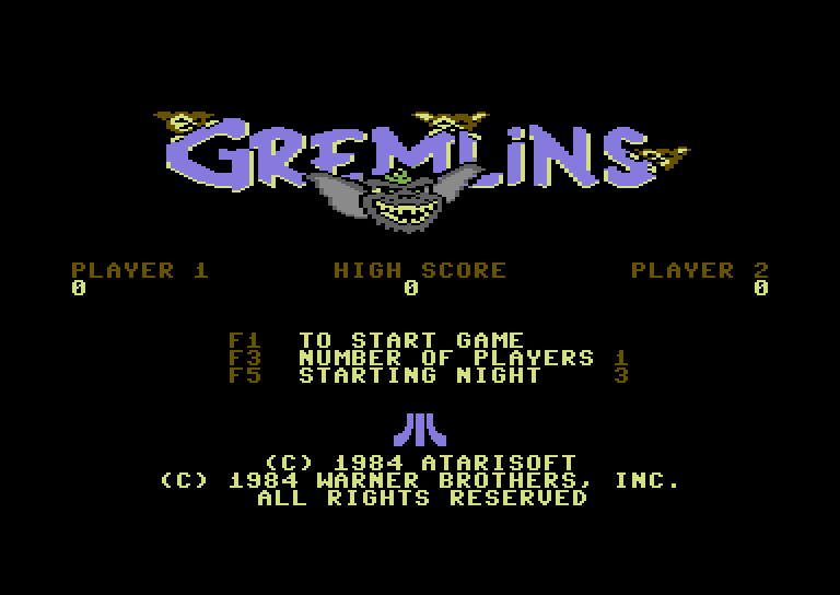 Gremlins Commodore 64 Screenshot: Title screen and game options.