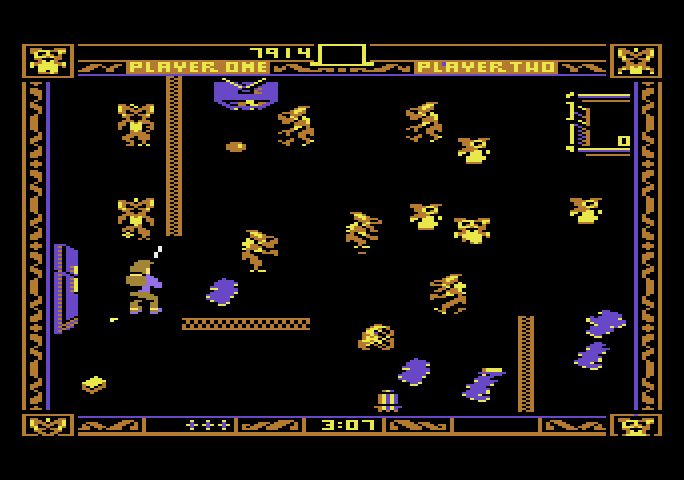 Gremlins Atari 5200 Screenshot: Any gremlins or mogwai that touch a puddle of water will split into two.