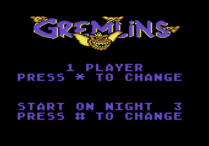 Gremlins Atari 5200 Screenshot: Title screen and game options.