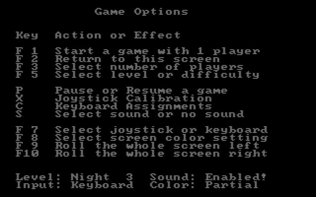 Gremlins IBM PC/Compatibles Screenshot: Game options screen.