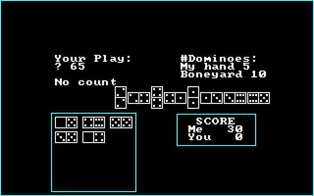 Mack's Domino Parlor IBM PC/Compatibles Screenshot: The computer player is winning so far.