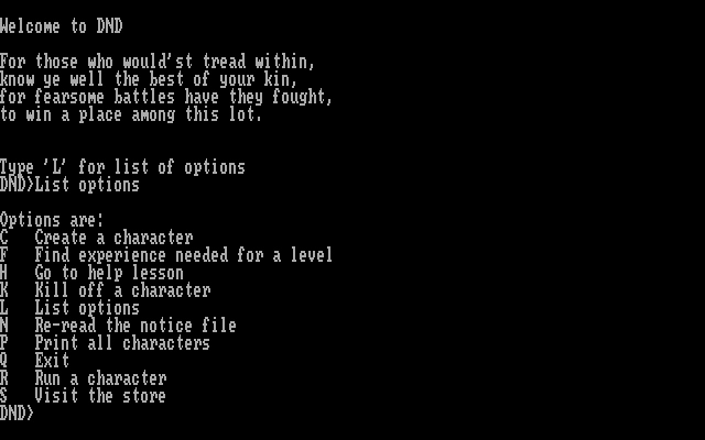 DND IBM PC/Compatibles Screenshot: Game start and options.