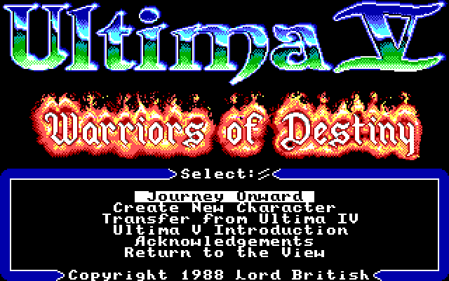 Ultima V: Warriors of Destiny IBM PC/Compatibles Screenshot: Main menu.
