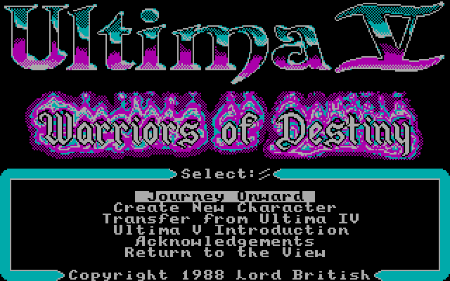 Ultima V: Warriors of Destiny IBM PC/Compatibles Screenshot: Main menu.