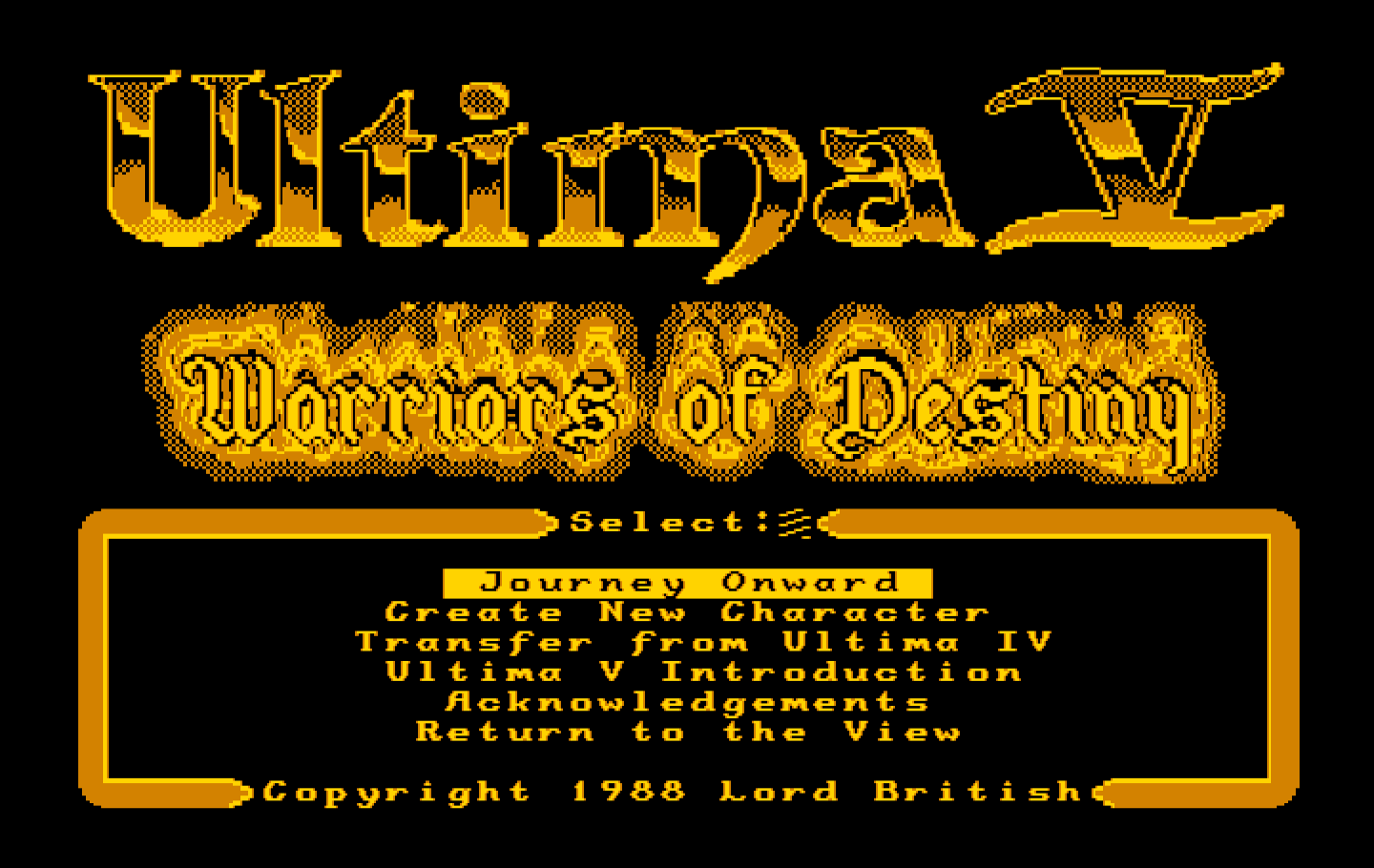 Ultima V: Warriors of Destiny IBM PC/Compatibles Screenshot: Main menu.