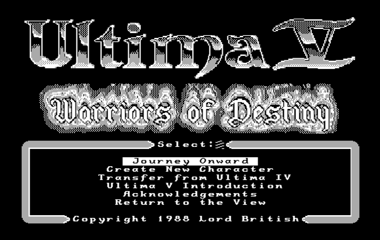 Ultima V: Warriors of Destiny IBM PC/Compatibles Screenshot: Main menu.