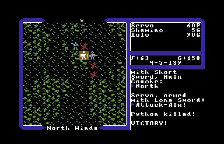 Ultima V: Warriors of Destiny Commodore 64 Screenshot: Battle victory! All snakes were defeated...
