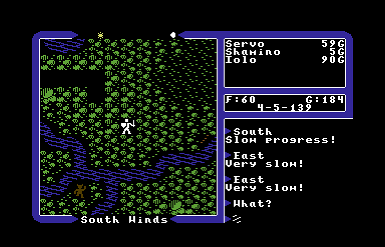 Ultima V: Warriors of Destiny Commodore 64 Screenshot: Some terrain is very slow to move through.