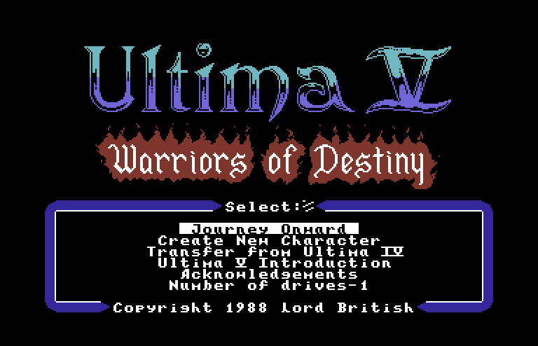 Ultima V: Warriors of Destiny Commodore 64 Screenshot: Main menu.