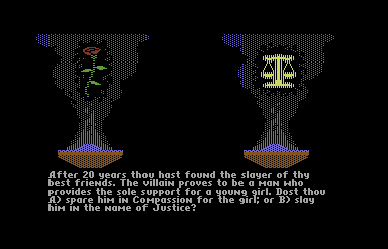 Ultima V: Warriors of Destiny Commodore 64 Screenshot: Answer some questions to determine player stats.