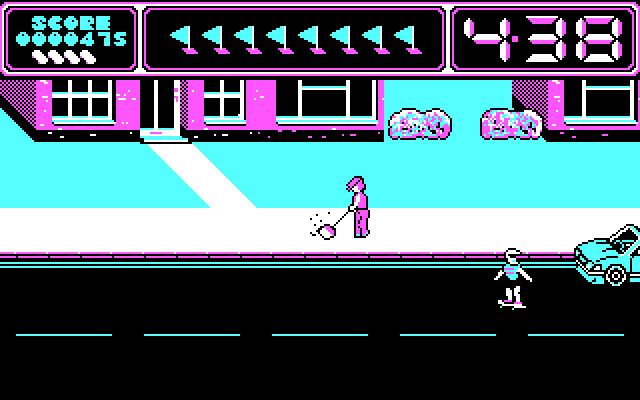 Awesome Earl in SkateRock IBM PC/Compatibles Screenshot: Don't crash into oncoming traffic.