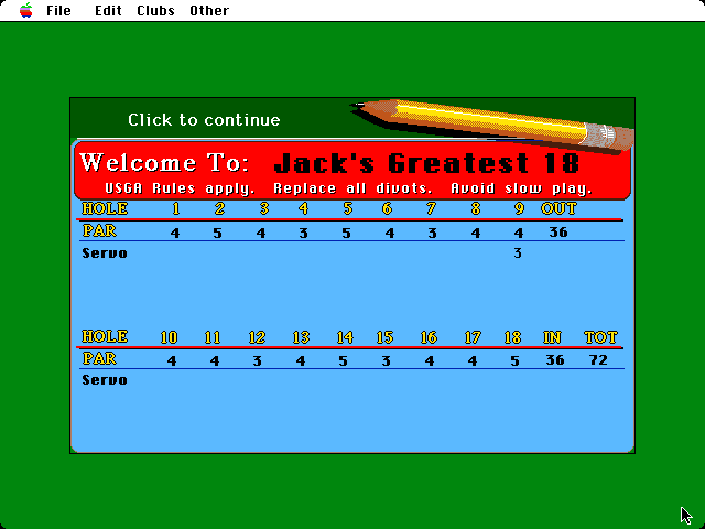 Jack Nicklaus' Greatest 18 Holes of Major Championship Golf Macintosh Screenshot: Scorecard; I'm practicing so not every hole has a score.