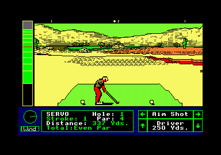 Jack Nicklaus' Greatest 18 Holes of Major Championship Golf Amstrad CPC Screenshot: Teeing off on the desert course.