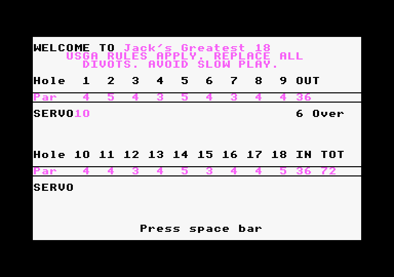 Jack Nicklaus' Greatest 18 Holes of Major Championship Golf Amstrad CPC Screenshot: The scorecard.