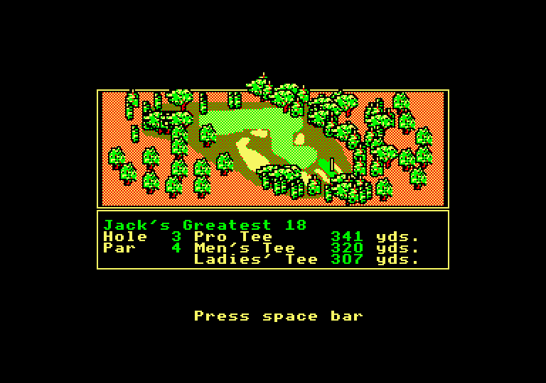 Jack Nicklaus' Greatest 18 Holes of Major Championship Golf Amstrad CPC Screenshot: Overhead view of hole 3.