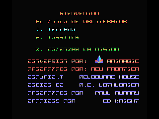Obliterator MSX Screenshot: The main menu.