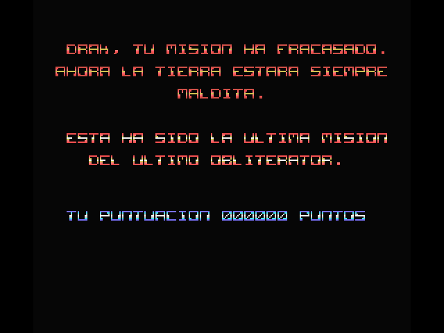 Obliterator MSX Screenshot: Game over.