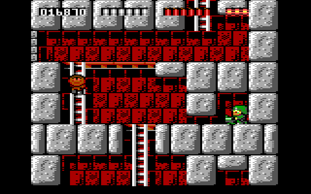 Rick Dangerous IBM PC/Compatibles Screenshot: Watch out for machine gun fire as you climb down...