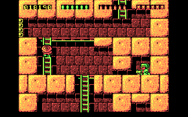 Rick Dangerous IBM PC/Compatibles Screenshot: Avoid machine gun fire when climbing down...