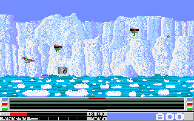 Revenge of Defender IBM PC/Compatibles Screenshot: Some levels have obstacles that temporarily distort the scanner when shot.