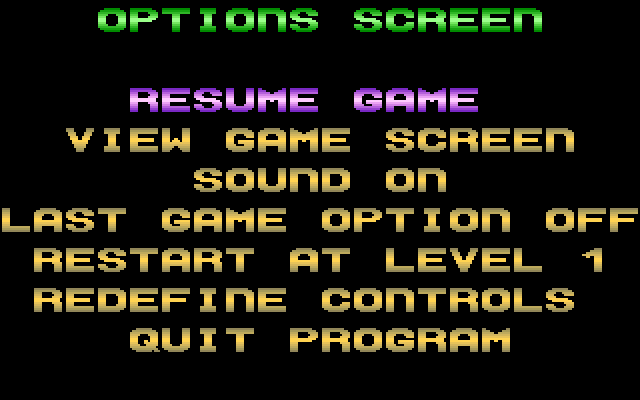 Revenge of Defender IBM PC/Compatibles Screenshot: Game options screen.