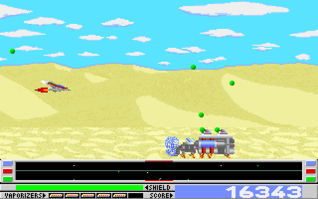 Revenge of Defender IBM PC/Compatibles Screenshot: A large vehicle approaches...it is well armored and difficult to destroy!
