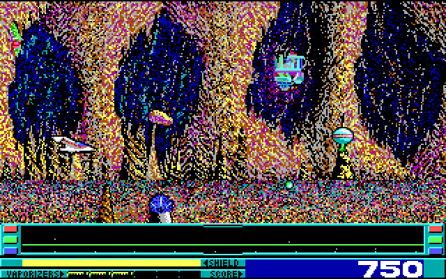 Revenge of Defender IBM PC/Compatibles Screenshot: Don't crash into rocks on this level.