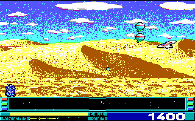 Revenge of Defender IBM PC/Compatibles Screenshot: Don't crash into opponents, it drains your shield.