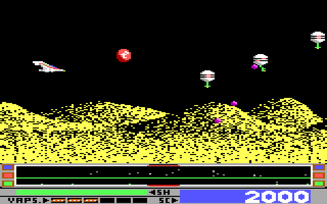 Revenge of Defender IBM PC/Compatibles Screenshot: The red "t" is a power up, be sure to collect it!