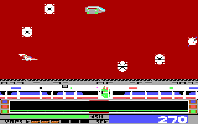 Revenge of Defender IBM PC/Compatibles Screenshot: The bus like vehicle at the top of the screen leaves behind extra shield power when it is shot.