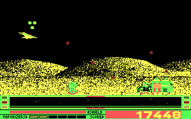 Revenge of Defender IBM PC/Compatibles Screenshot: A very large vehicle threatens an installation.