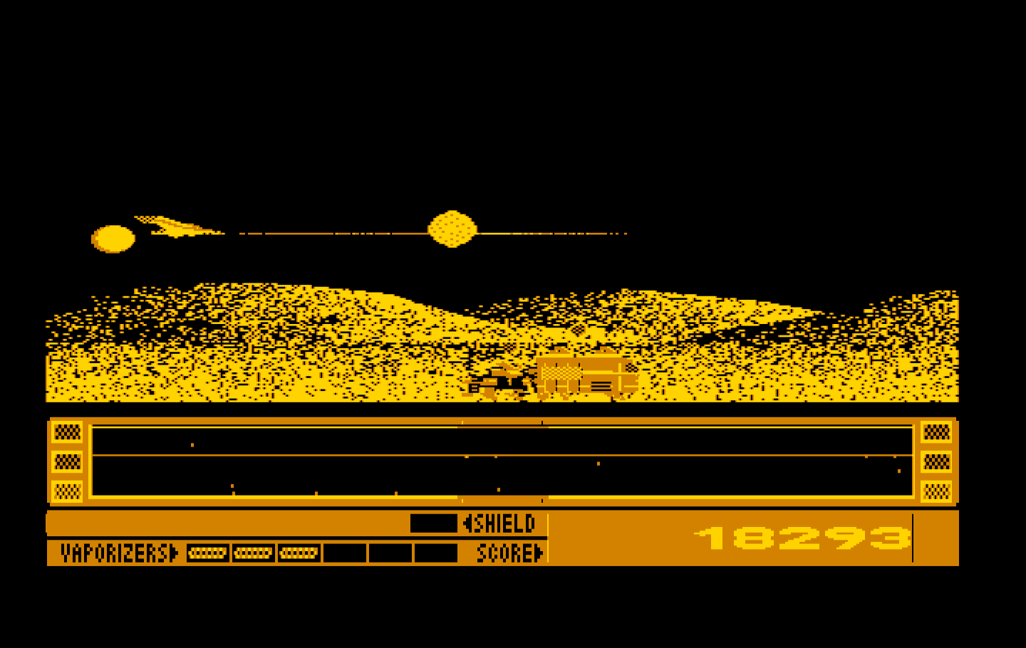 Revenge of Defender IBM PC/Compatibles Screenshot: A large, difficult to destroy vehicle approaches...