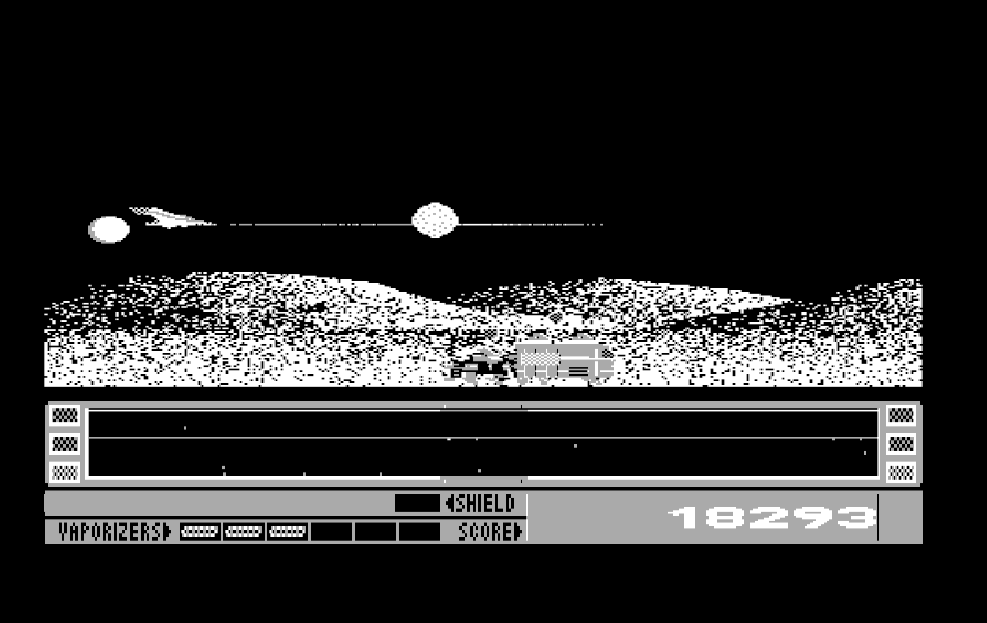 Revenge of Defender IBM PC/Compatibles Screenshot: A large, difficult to destroy vehicle approaches...