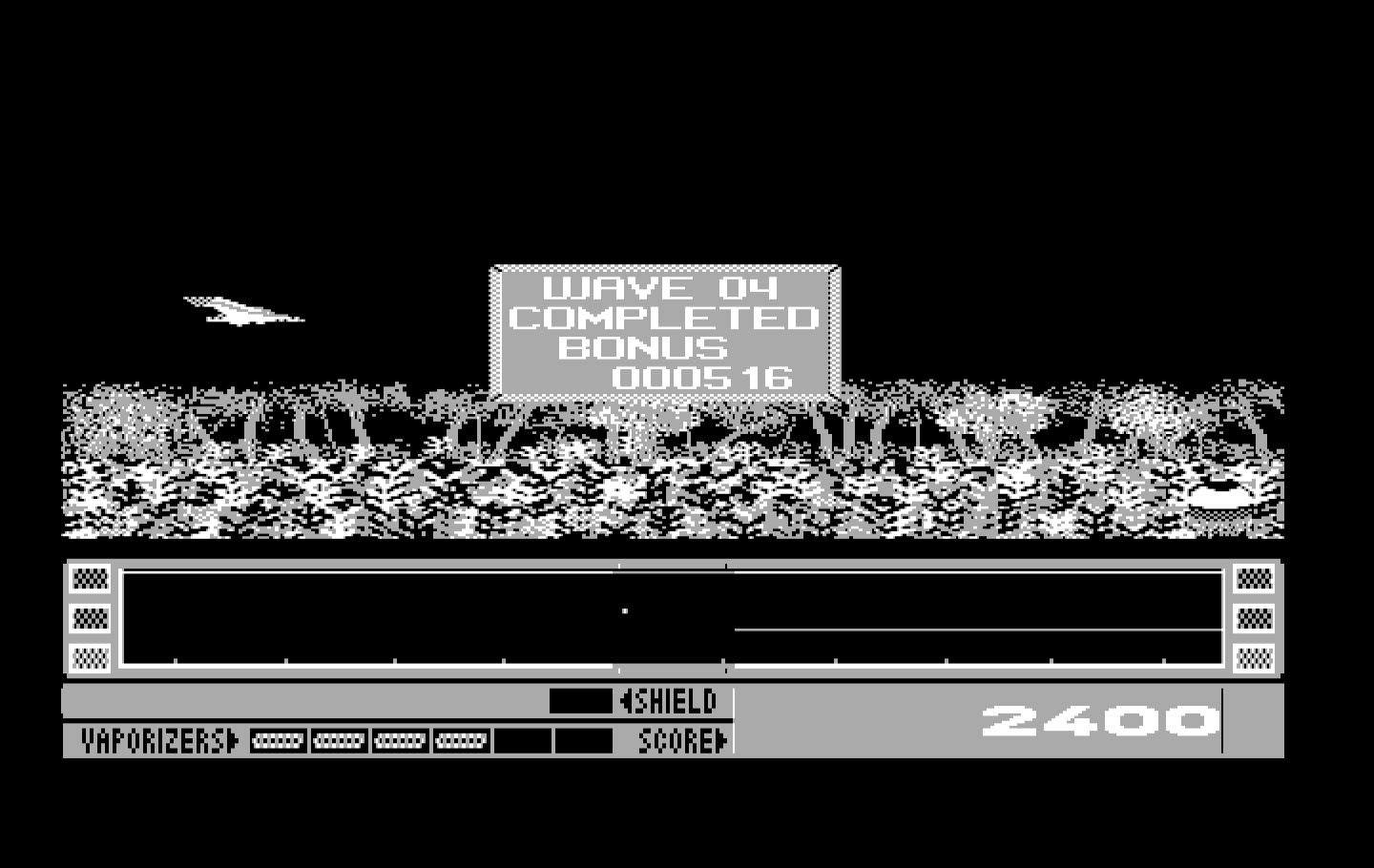 Revenge of Defender IBM PC/Compatibles Screenshot: Attack wave completed!
