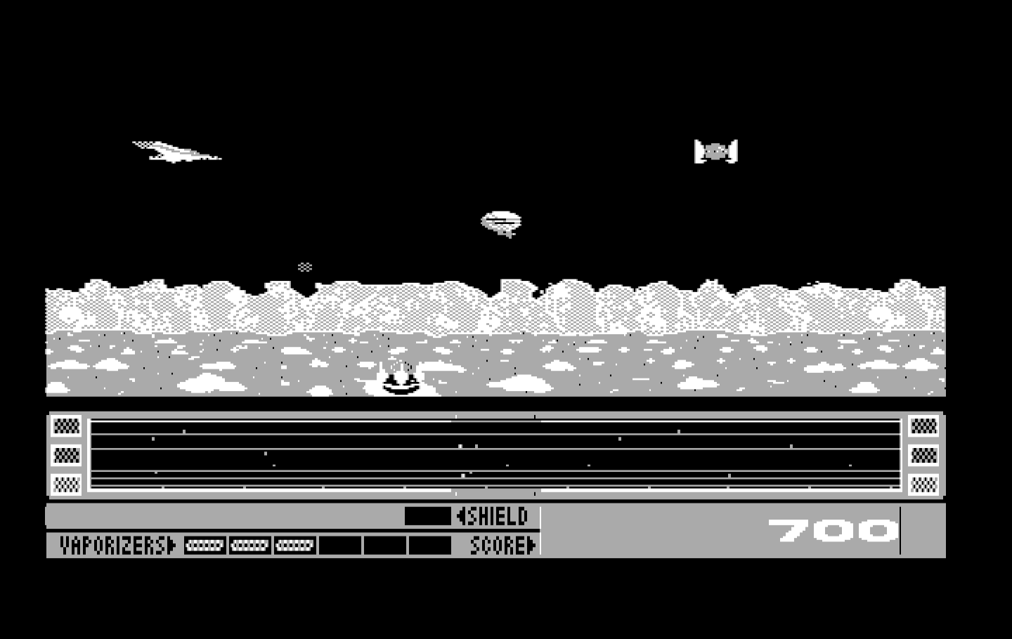 Revenge of Defender IBM PC/Compatibles Screenshot: Some levels have obstacles that disrupt your scanner.