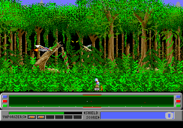 Revenge of Defender Amiga Screenshot: Start of the forest level.