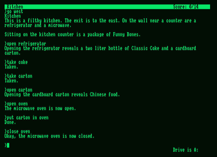 Lurking Horror, The Amstrad PCW Screenshot: Ah, some food; perhaps my hacker friend will like this?
