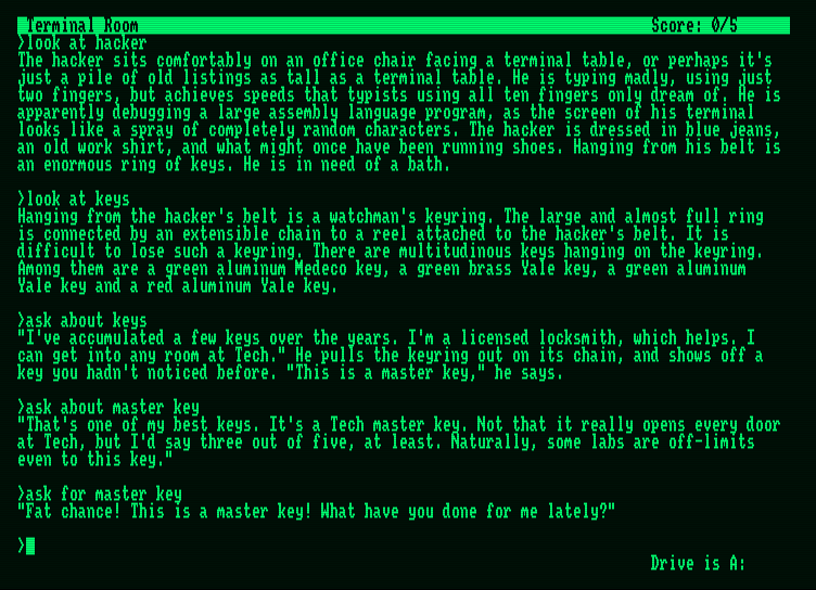 Lurking Horror, The Amstrad PCW Screenshot: Tried to get a key, but no luck...