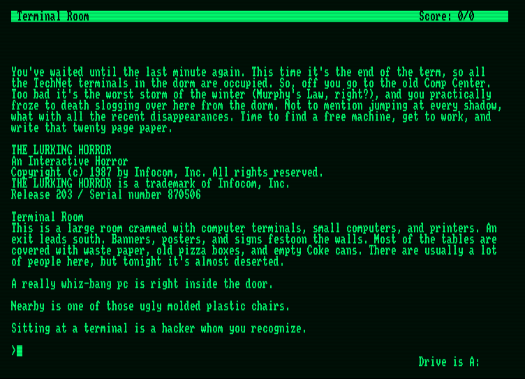Lurking Horror, The Amstrad PCW Screenshot: Game introduction and start.