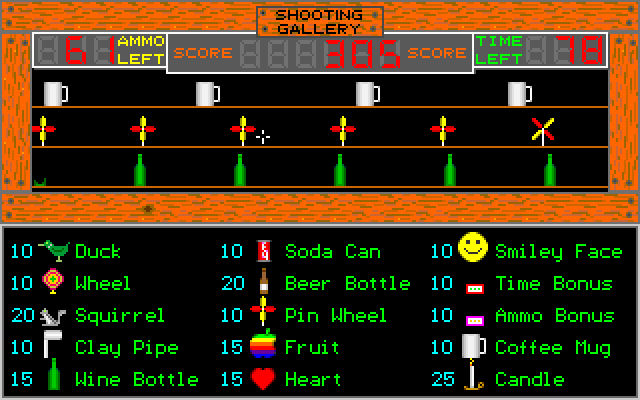 Shooting Gallery IBM PC/Compatibles Screenshot: Different objects have different point values.