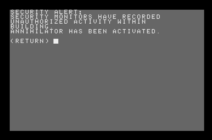 Hacker II: The Doomsday Papers Apple IIgs Screenshot: Security alert; I've been spotted!