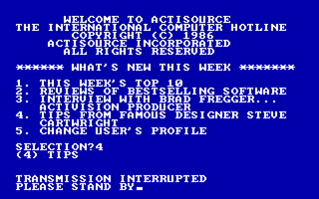 Hacker II: The Doomsday Papers IBM PC/Compatibles Screenshot: Welcome to Actisource!