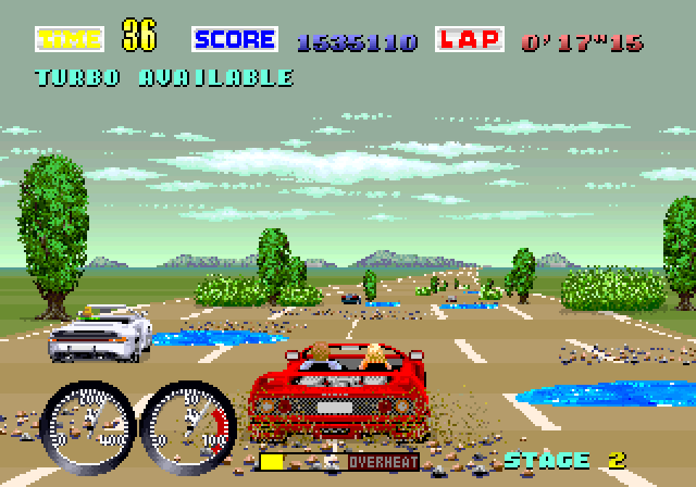 Turbo OutRun Arcade Screenshot: Dirt, water, and other road hazards are new to Turbo OutRun.