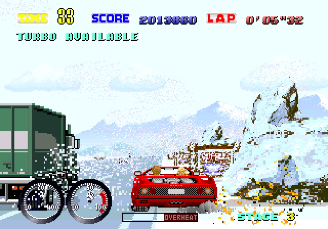 Turbo OutRun Arcade Screenshot: Caught between a truck and some buildings!
