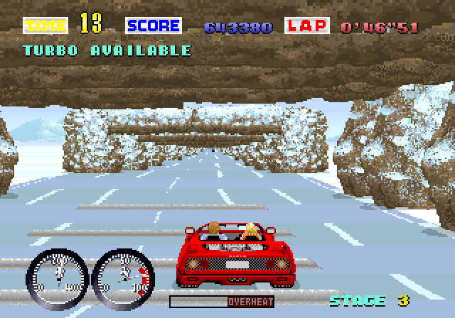 Turbo OutRun Arcade Screenshot: Bumps in the road slow you down...