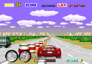 Turbo OutRun for Arcade - Avoid the barrels in the middle of the road...they slow you down.