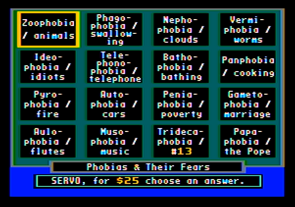 Wipeout Apple II Screenshot: Selecting an answer from the board...