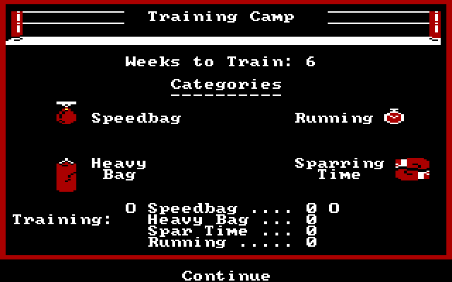 Star Rank Boxing II IBM PC/Compatibles Screenshot: You can train for 6 weeks; how will you allocate time?