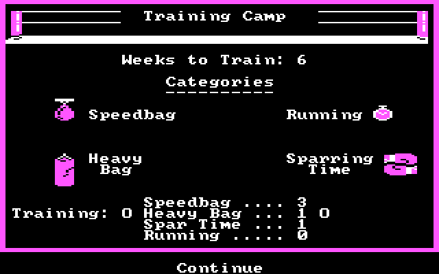 Star Rank Boxing II IBM PC/Compatibles Screenshot: You have 6 weeks to train and can select how to spend your time.